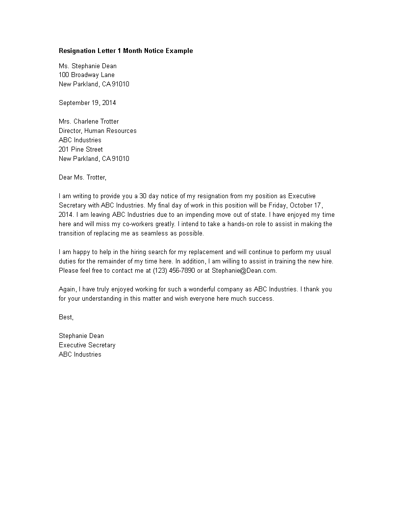 resignation letter template 1 month notice
 Resignation Letter 1 Month Notice | Templates at ..