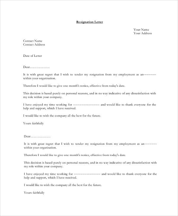 unhappy resignation letter template 1 month notice
 Sample Resignation Letter - 9+ Examples in PDF, Word - unhappy resignation letter template 1 month notice