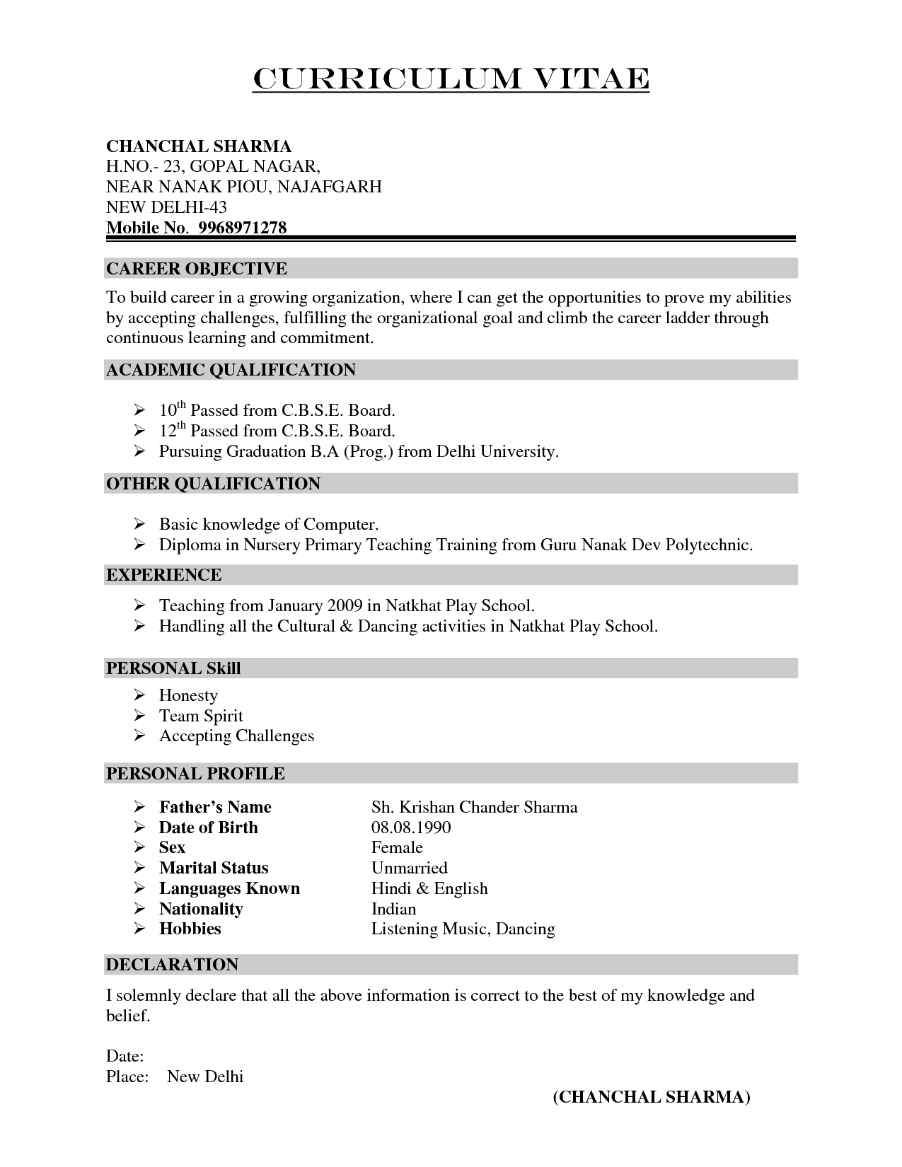 teacher resume samples in word format india